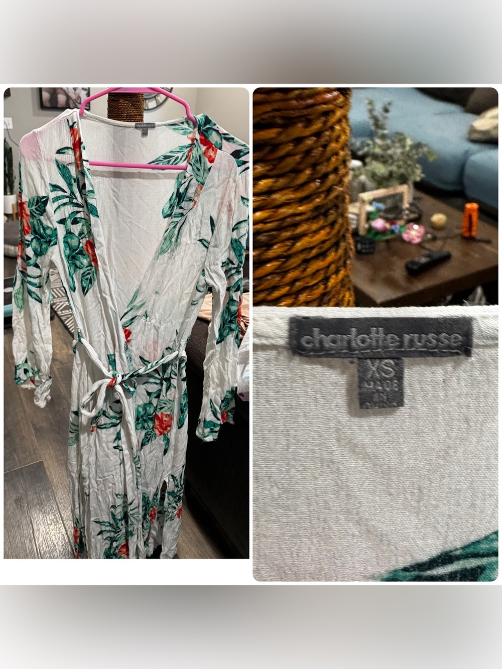 Charlotte Russe White Floral Wrap Maxi Dress with Green & Red Print